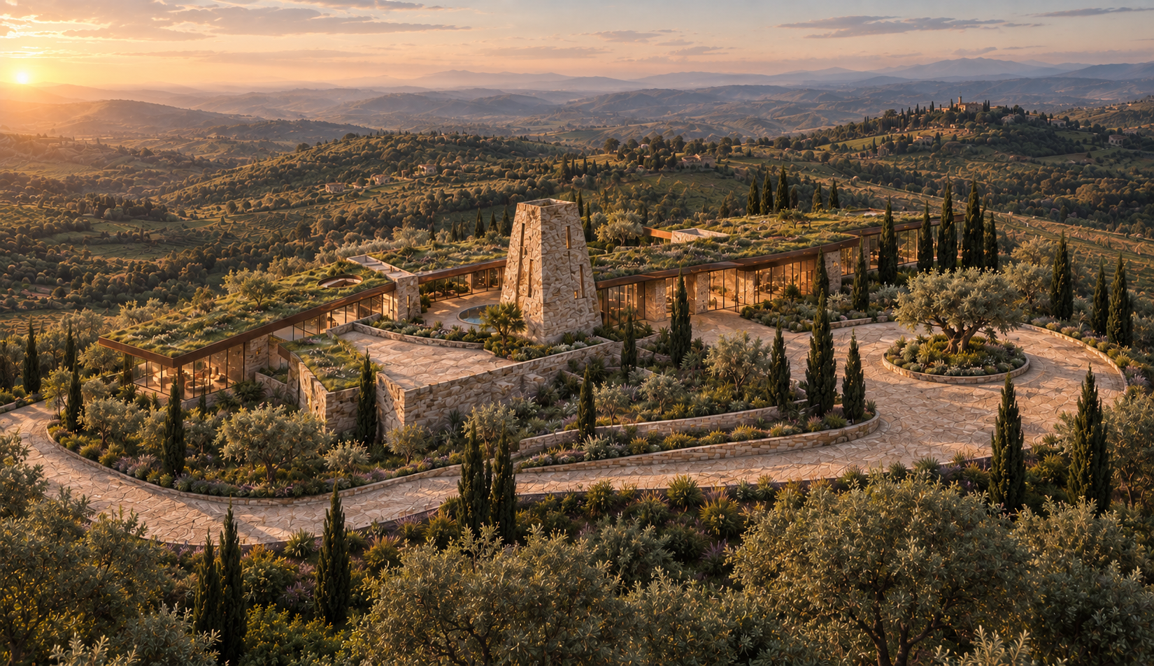 Umbria Boutique Hotel, Aerial view at sunset