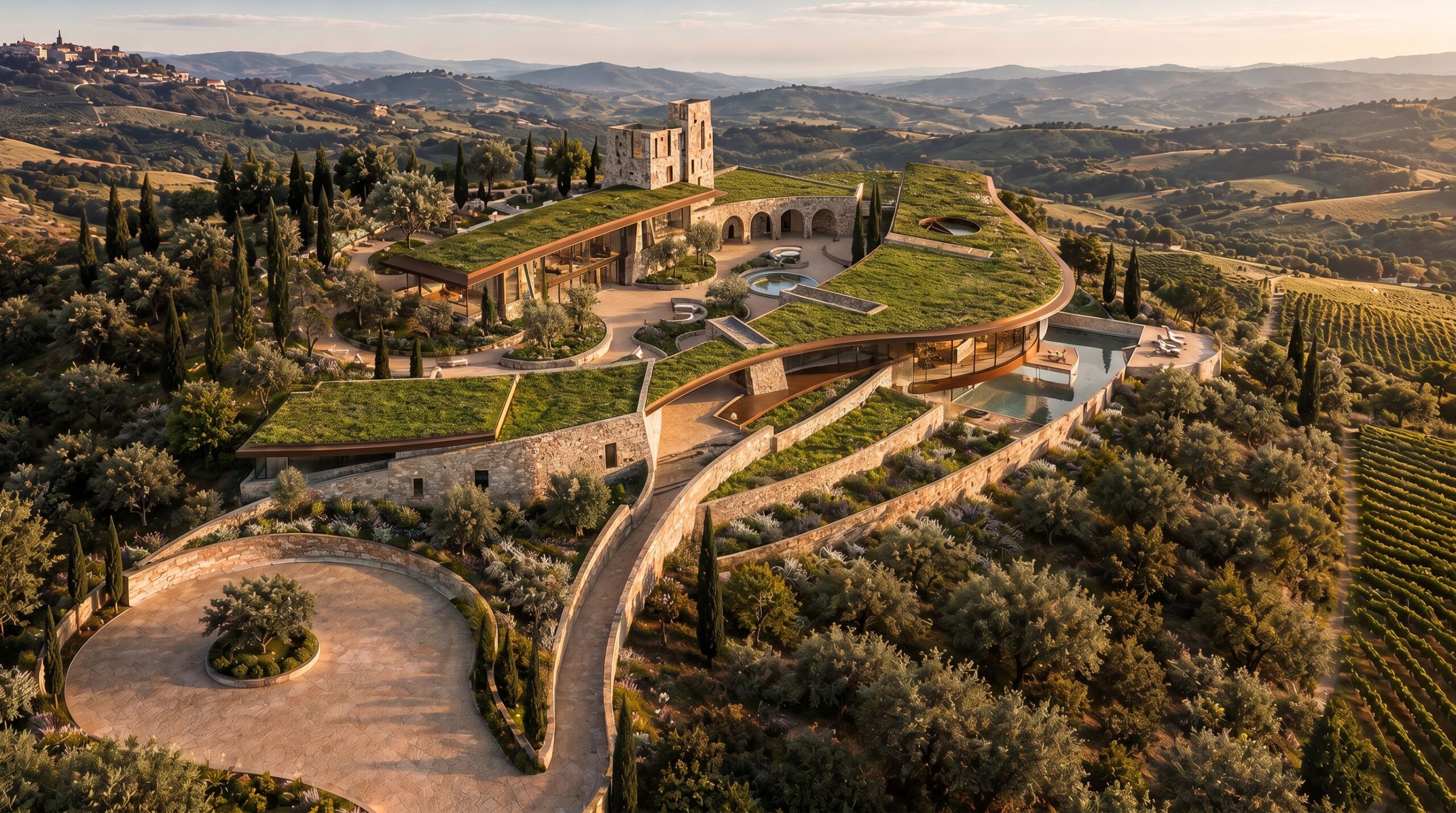 Umbria Boutique Hotel, Aerial view across the hillside
