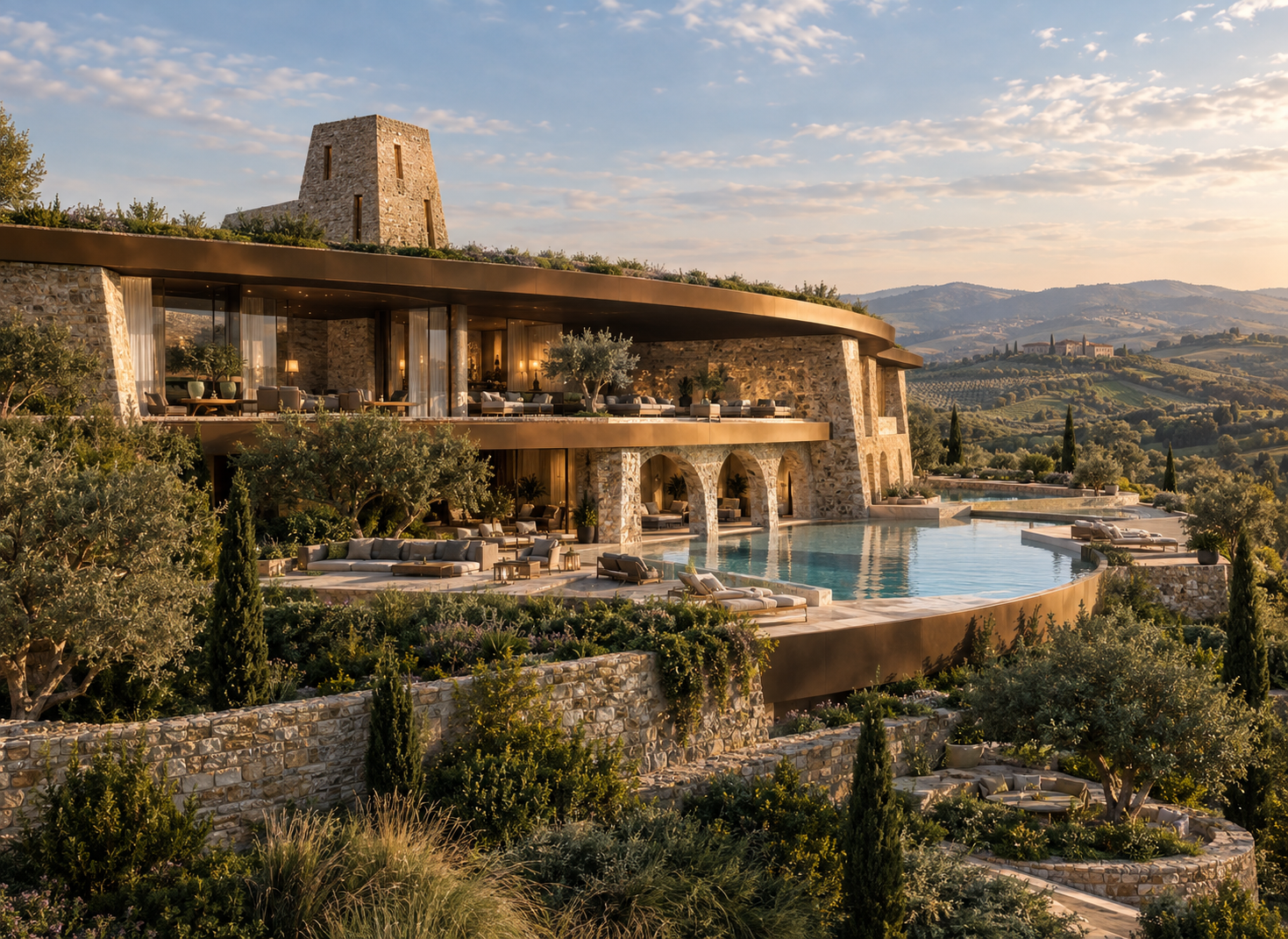 Umbria Boutique Hotel, Terrace and pool toward the valley